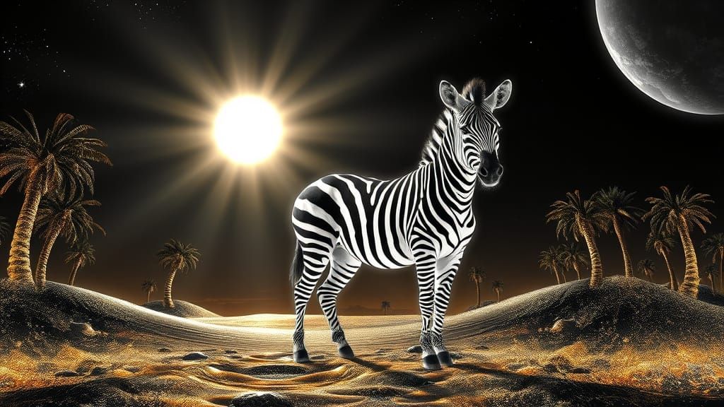 Zebra in Celestial Crystalline Desert Oasis