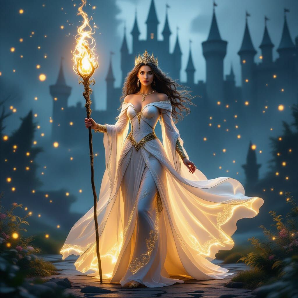 Mystical Queen with Glowing Gown in Dark Fantasy Castle