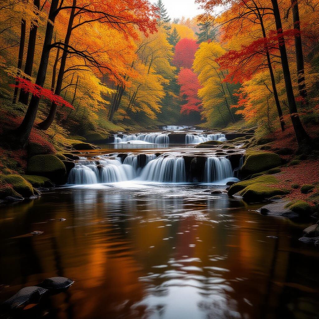 Fiery Autumn Forest Reflections on Flowing River