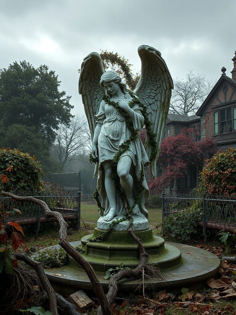 Overgrown Angel Statue in Abandoned Garden