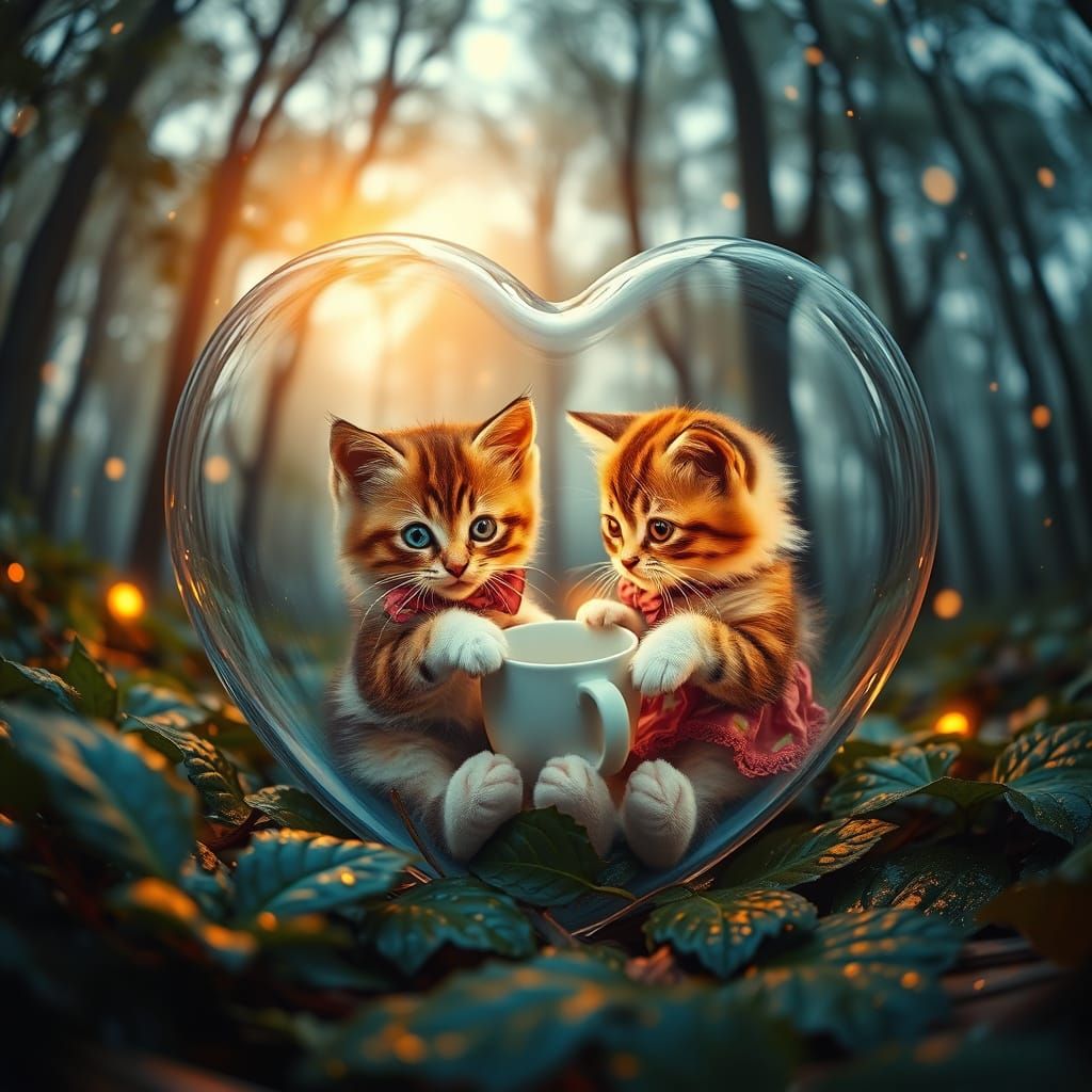 Kittens' Breakfast Inside a Glass Heart: Oil Painting