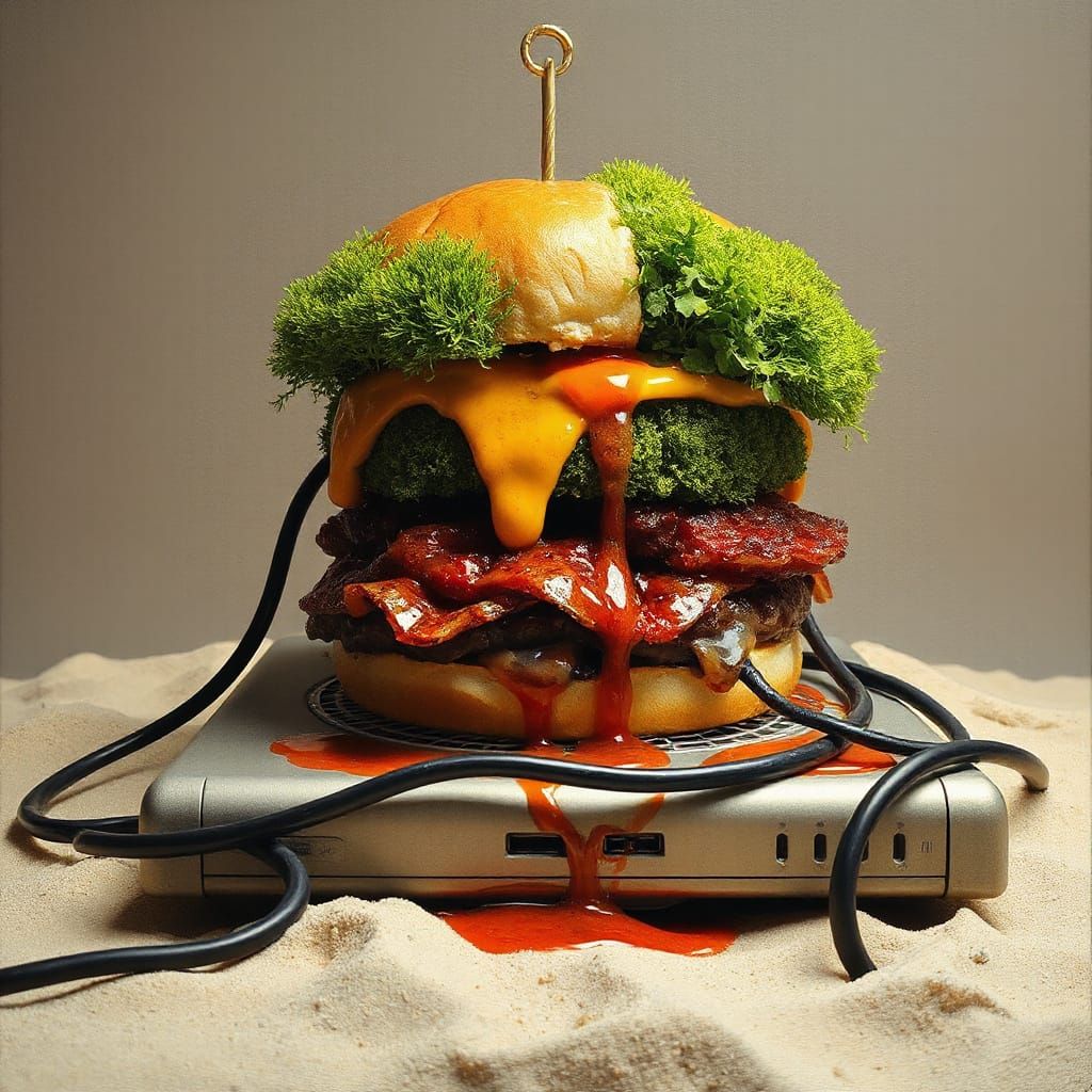 Electric Wire Burger with Moss Sauce in Impasto Style