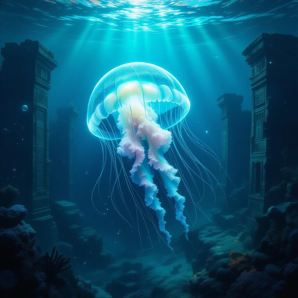 Bioluminescent Jellyfish in Alien Ocean Ruins