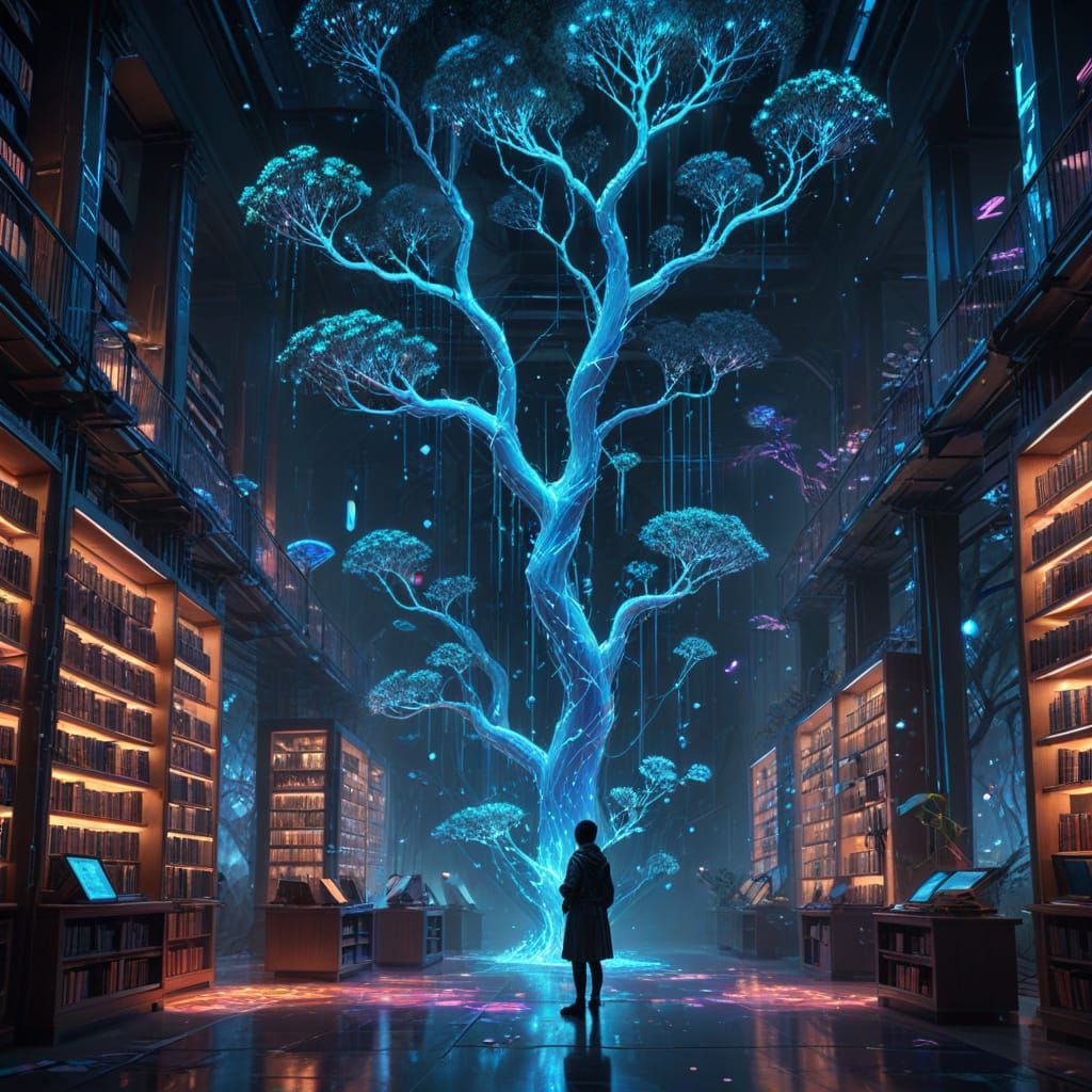 Bioluminescent Cyberpunk Library Above Neon Rainforest