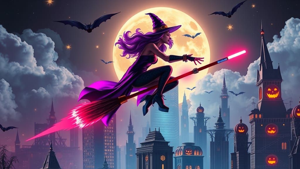 Cyberpunk Witch Soaring Through a Halloween Night Sky
