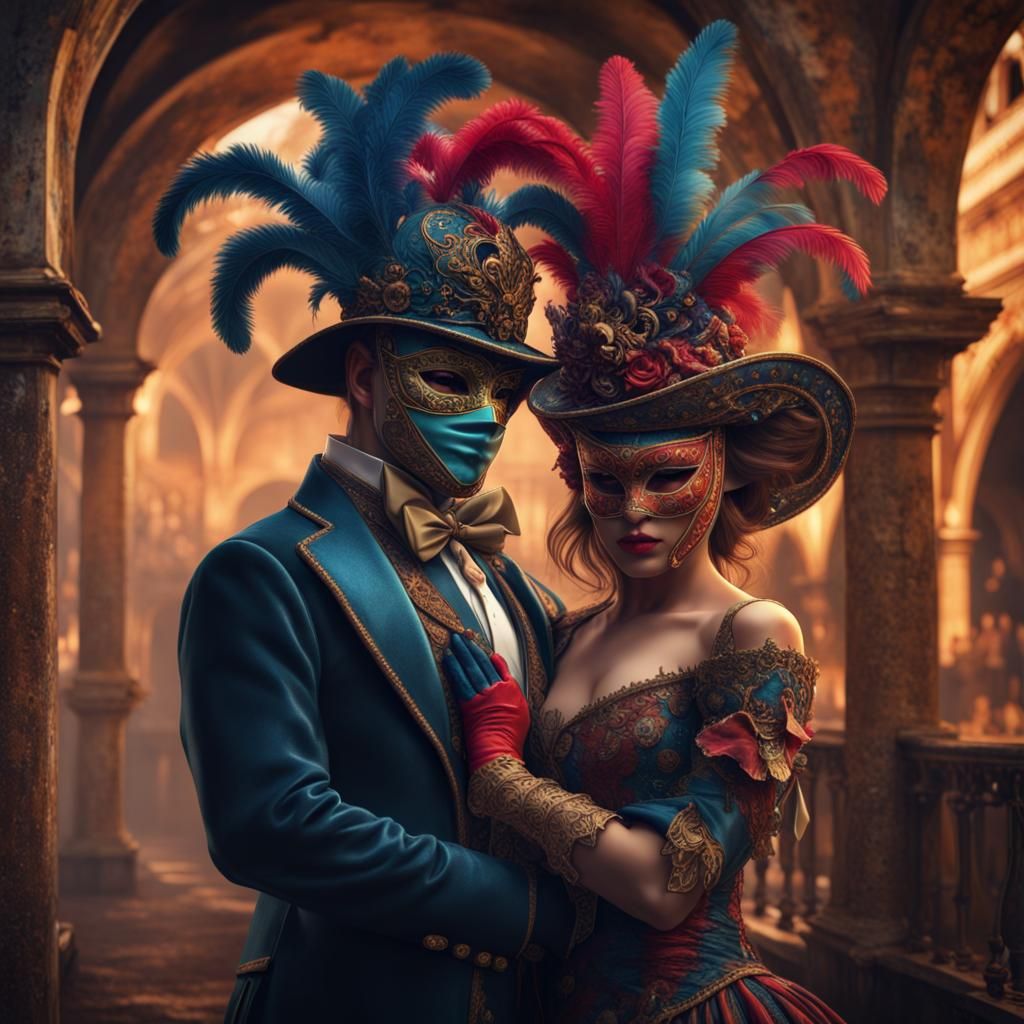 Venice Carnival: Couple in Masks, Detailed Digital Art