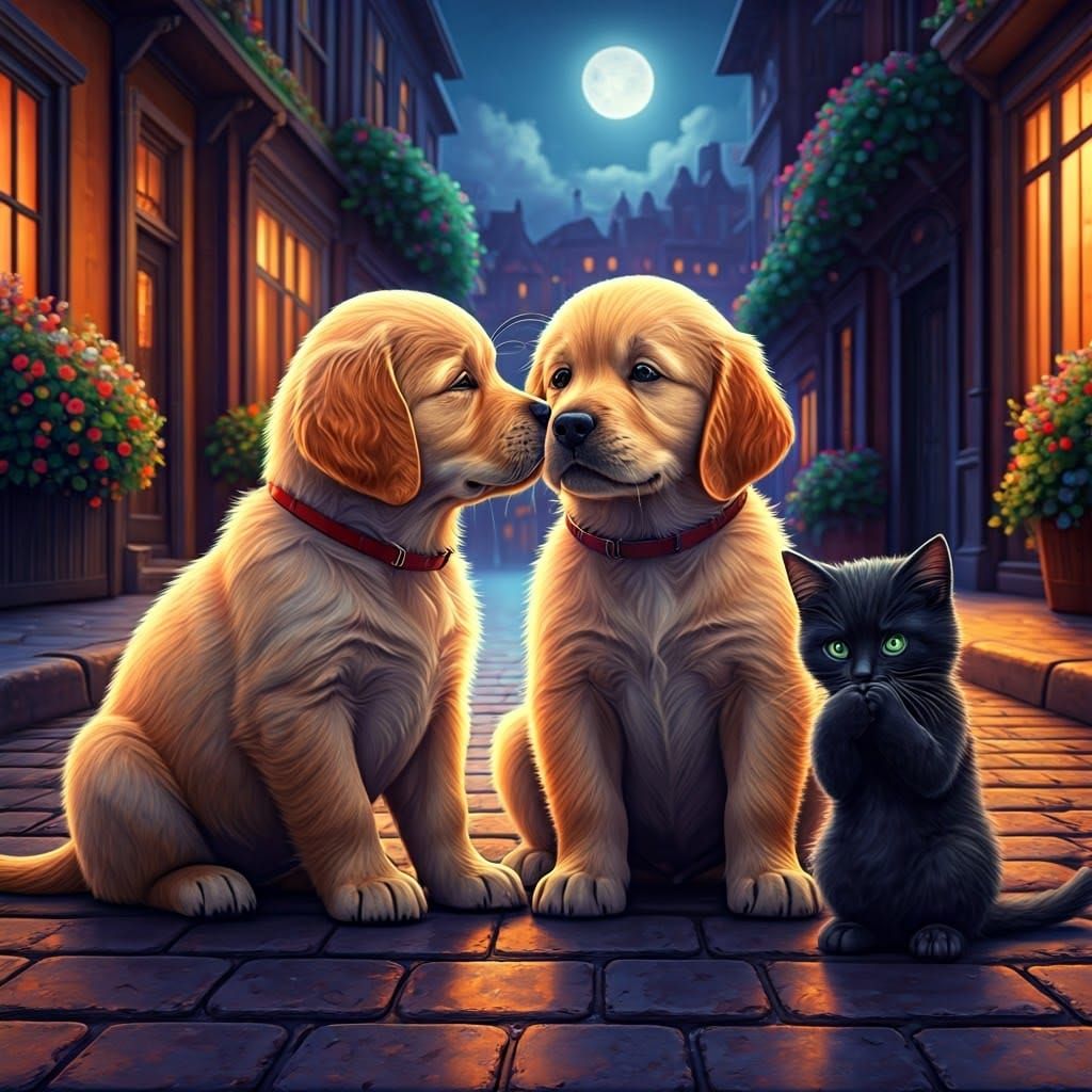 Moonlit Canine Romance in Whimsical Pop-Art Style