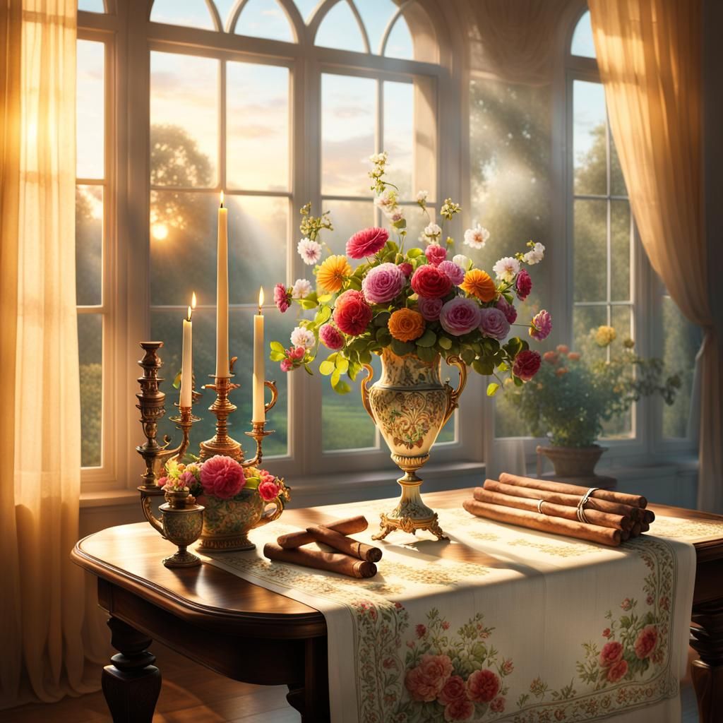 Vintage Room with Flowers at Dawn in Matte Painting Style