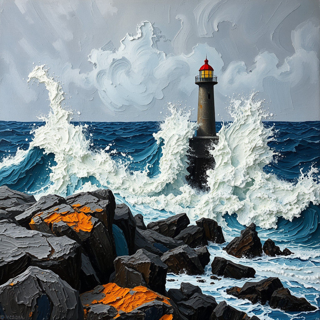 Lighthouse Seascape in Impasto Style