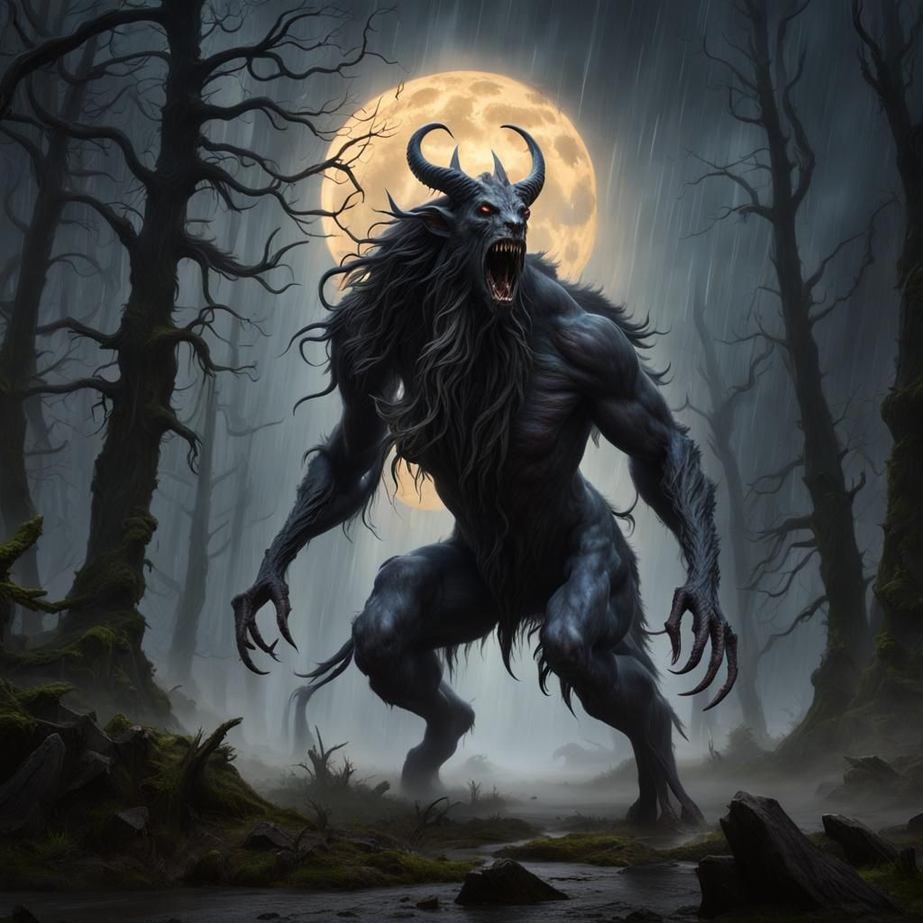 Eldritch Wendigo Horror in Rainstorm, Gothic Art