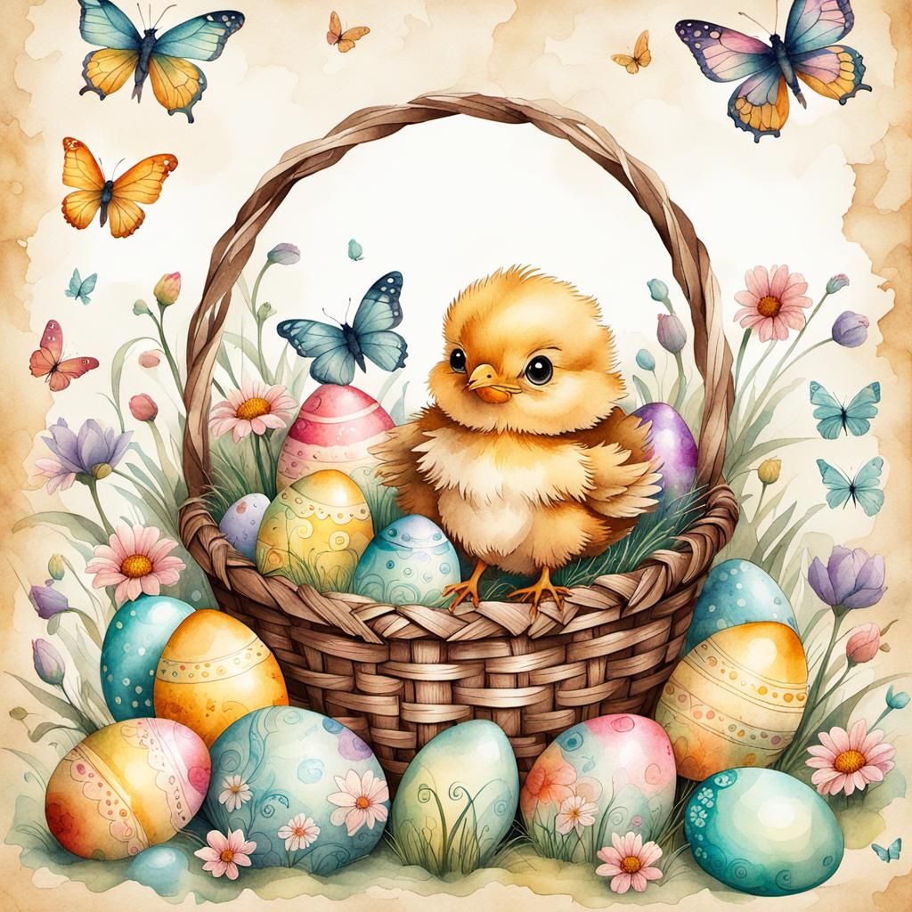 Whimsical Easter Chick and Eggs Illustration