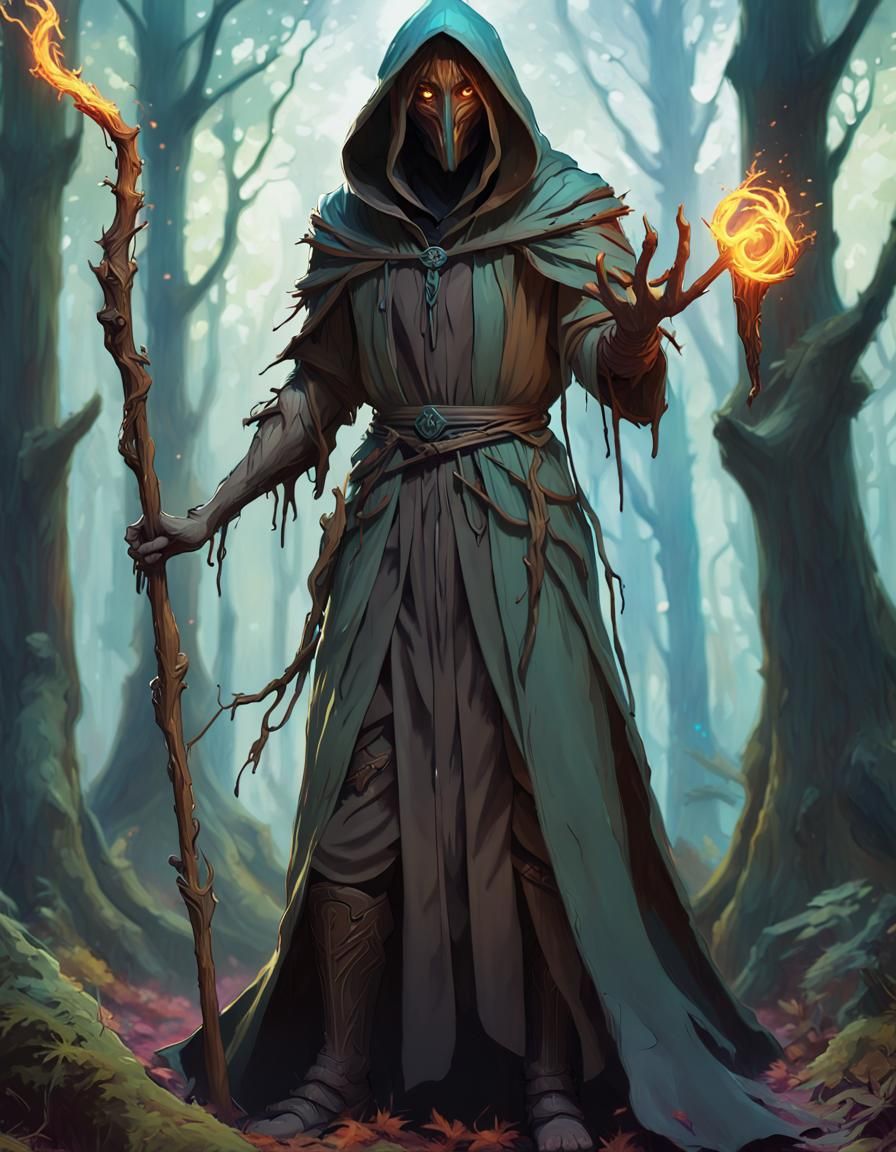 Mysterious Warlock in Forest with Dramatic Lighting
