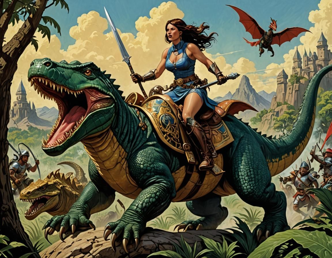 Woman Jousting on Giant Reptile in Comic Style