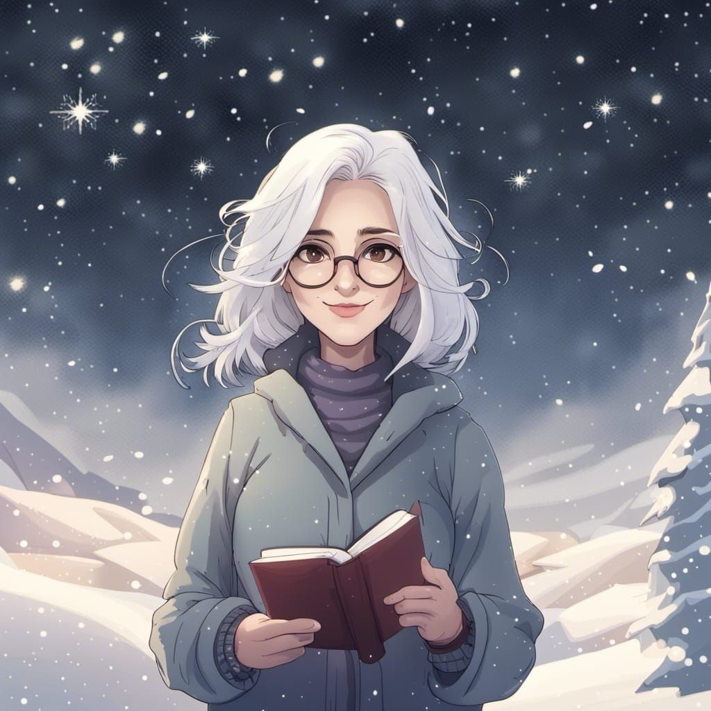 Librarian Smiles in Snowy Starry Landscape