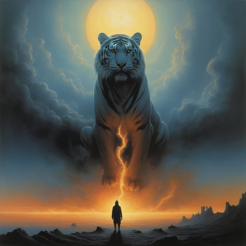 Divine Tiger Formed from Candle Smoke in Soft Focus, Etherea...