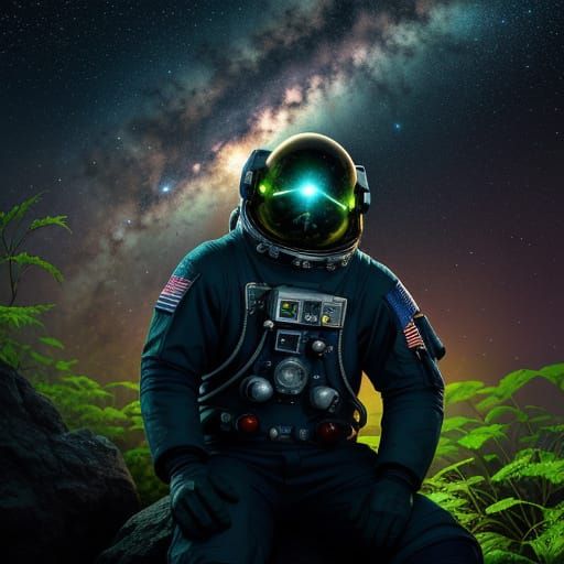 Astronaut Gazing at Nebula in Alien Forest