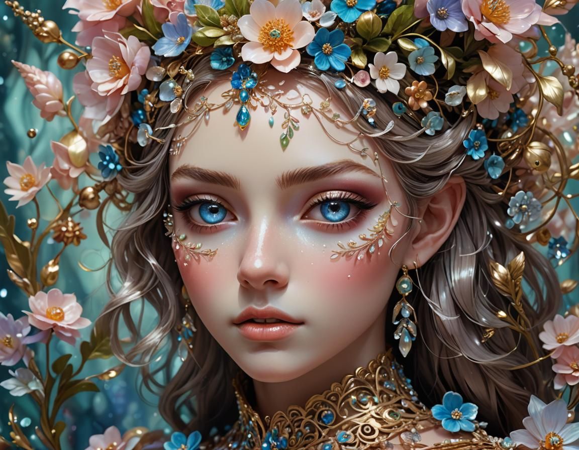 Surreal Fantasy Girl Portrait with Glass Flowers