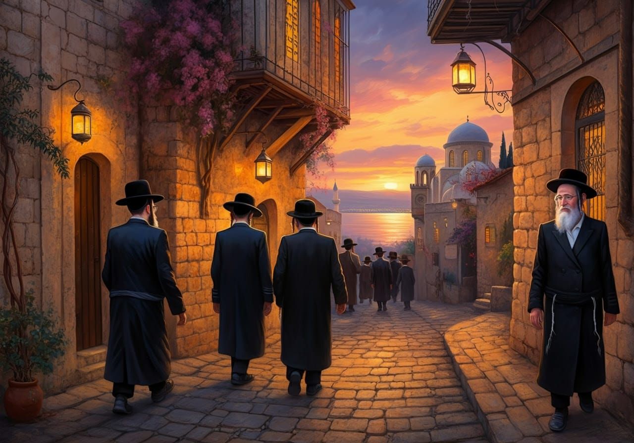 Traditional Hasidic Jews in Serene Shabbat Atmosphere