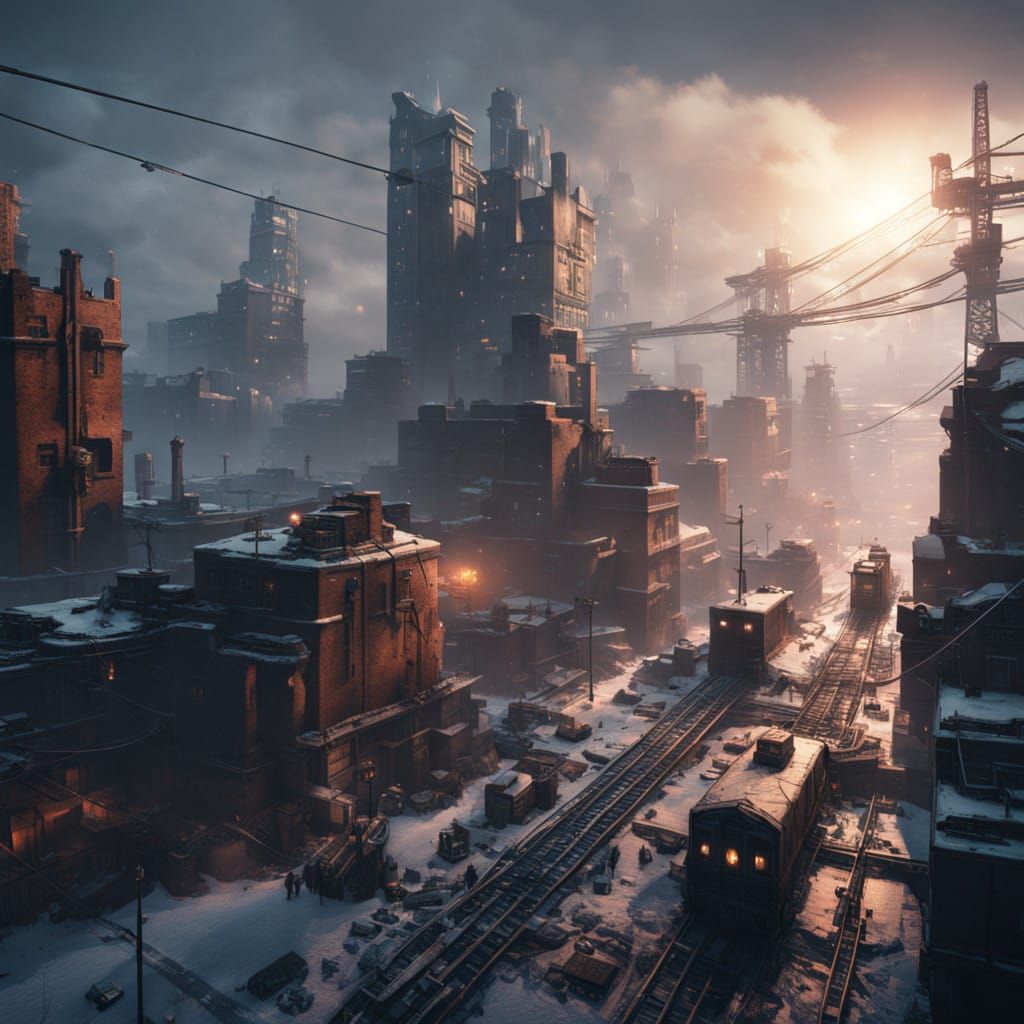 Futuristic Frostpunk Cityscape in Neon Blues and Purples