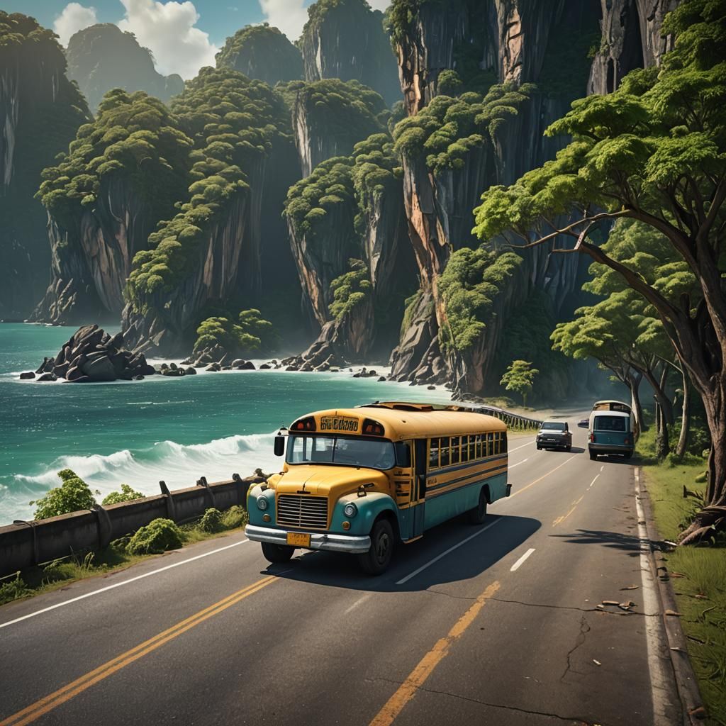 Thailand Coastal View with School Bus, Detailed Matte Painti...
