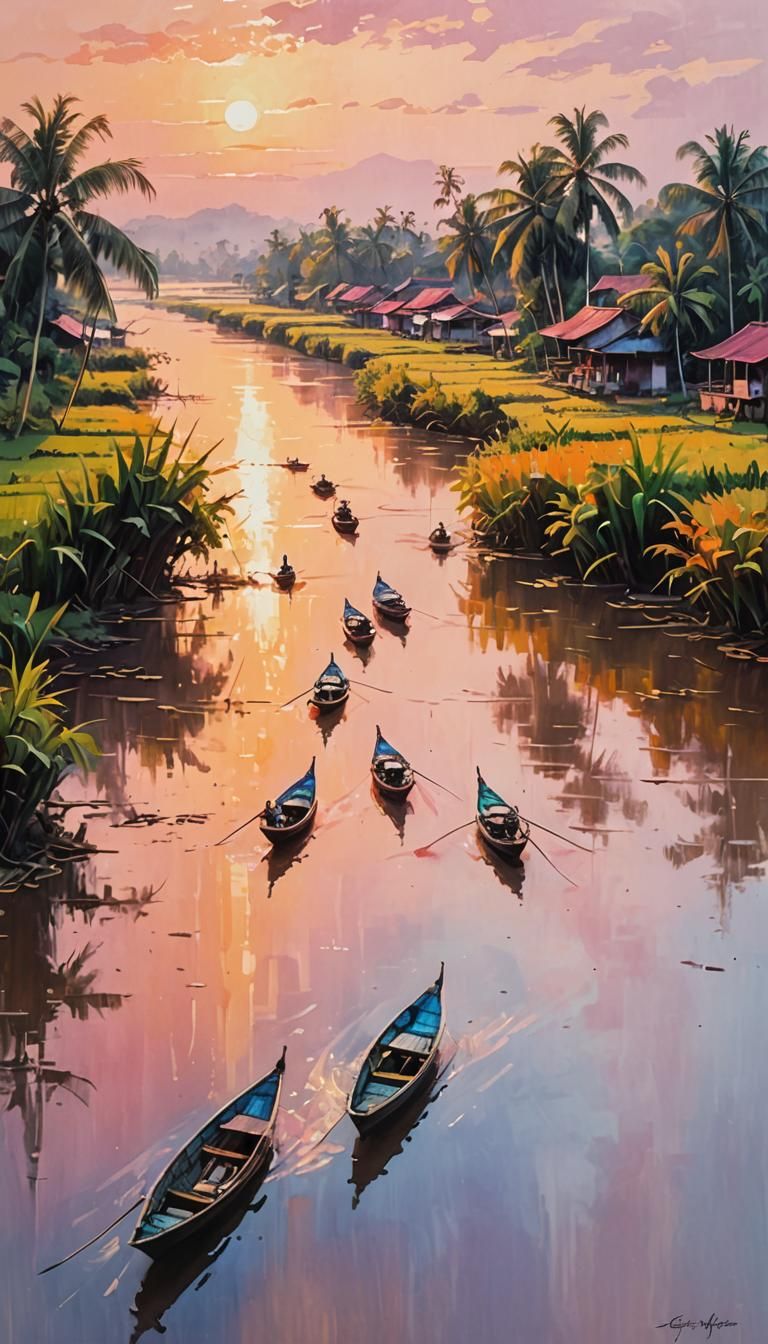 Tranquil Indonesian River Scene as Impressionist Painting
