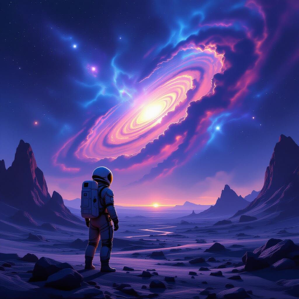 Astronaut Gazes at Swirling Nebula on Alien World