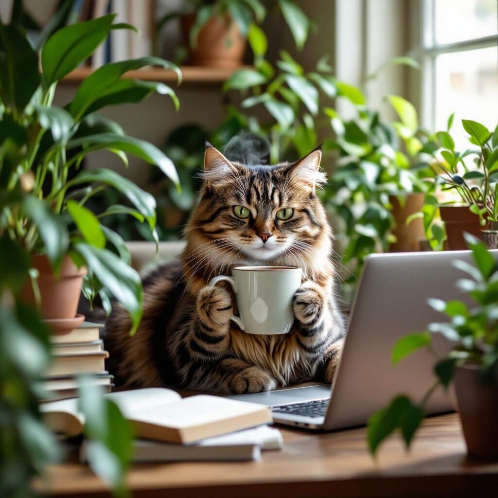 Millennial Cat Working in Cozy Plant-Filled Workspace