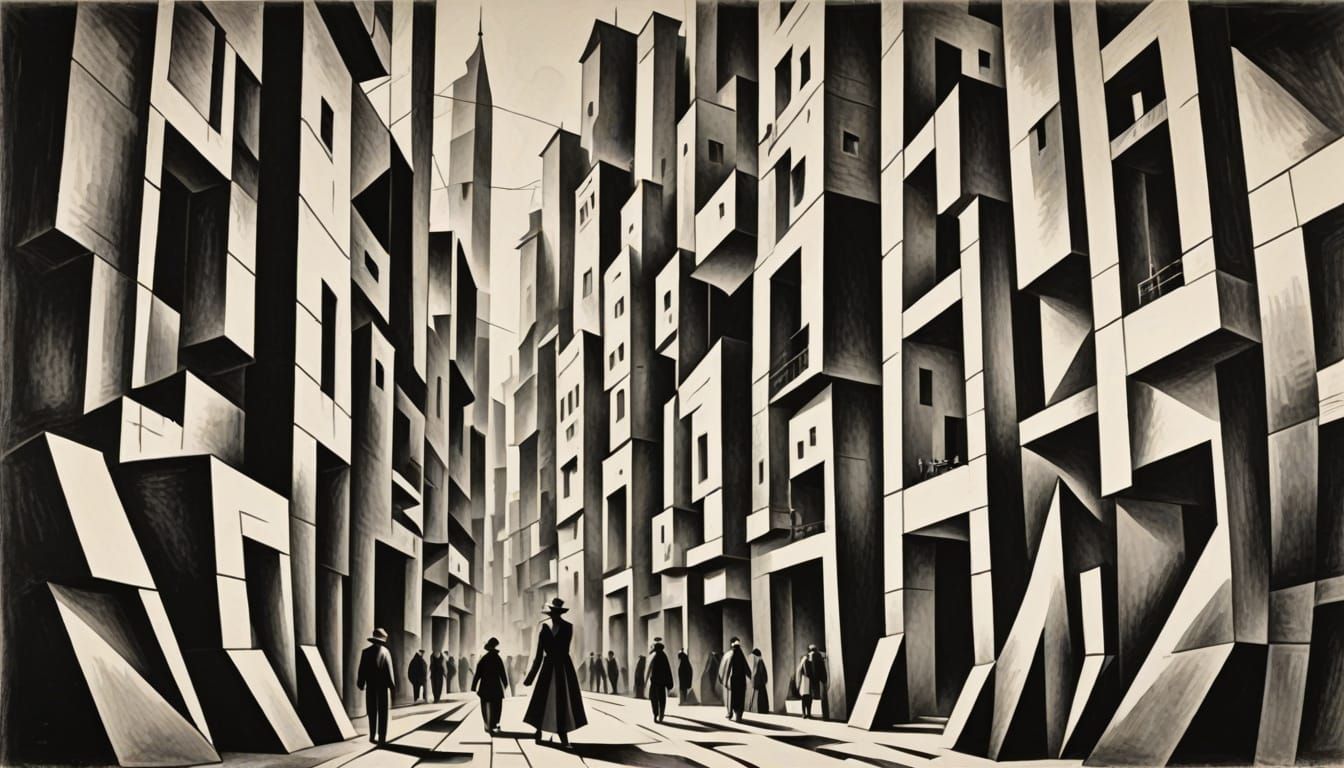 Abstract Cubist Ink Drawings of an Arena