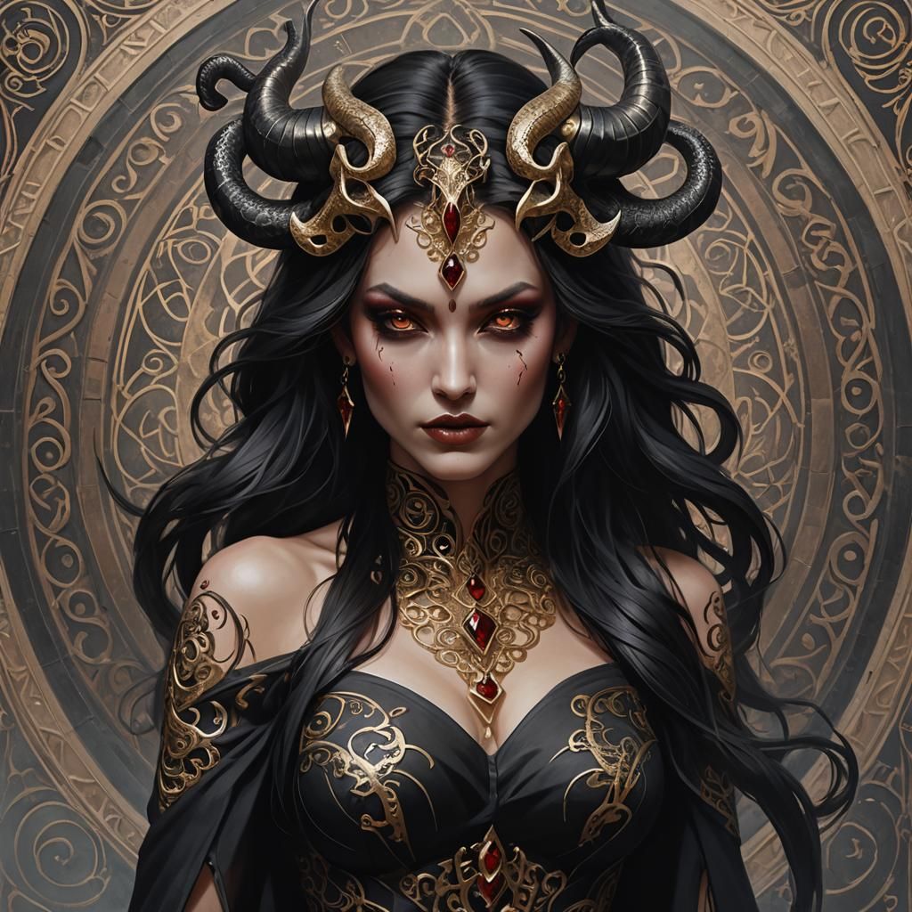 Gothic Sorceress with Obsidian Horns, Hyperrealism