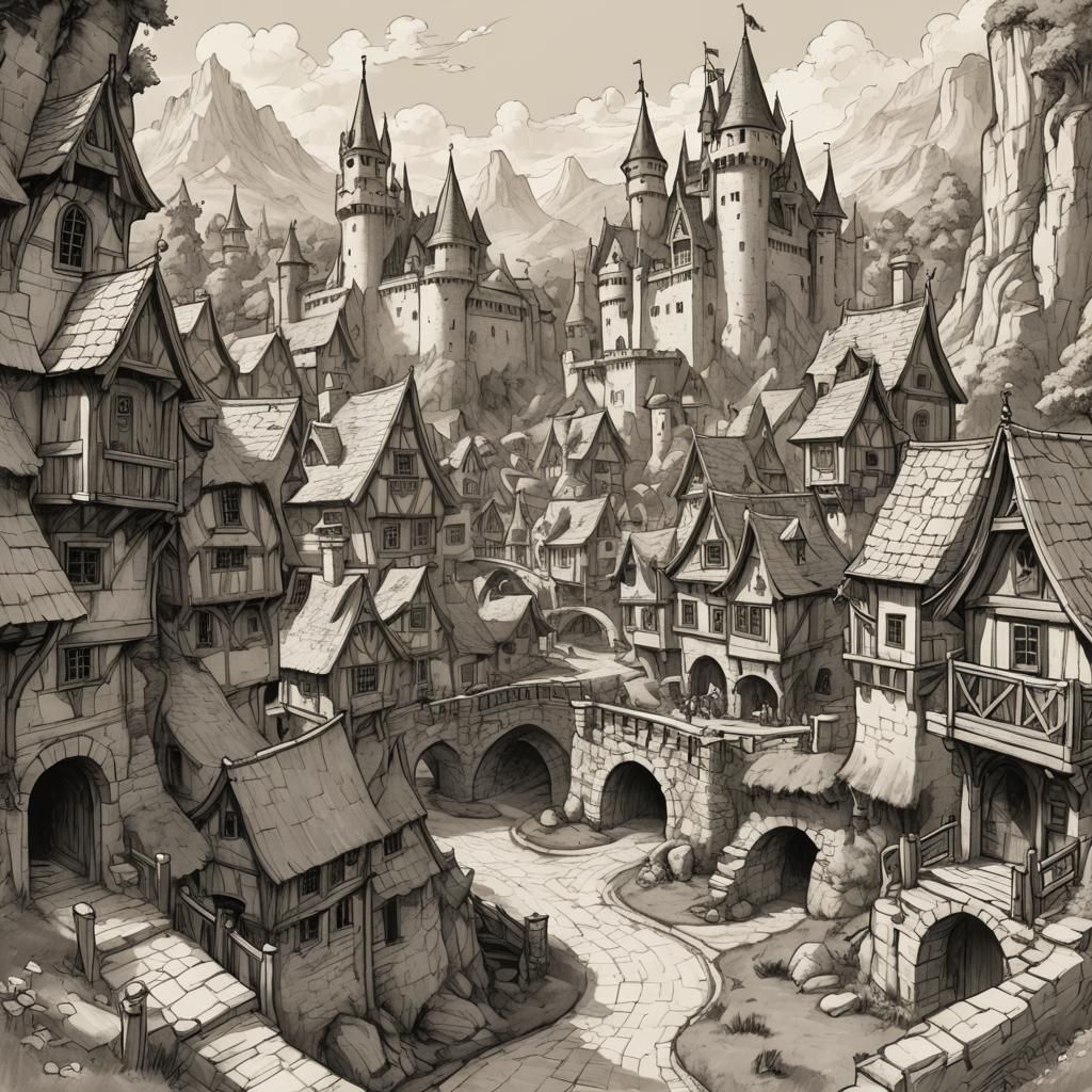 Fantasy castle and village sketch