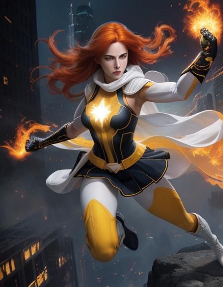 Redhead Superhero Girl with Fire Powers in Action Painting
