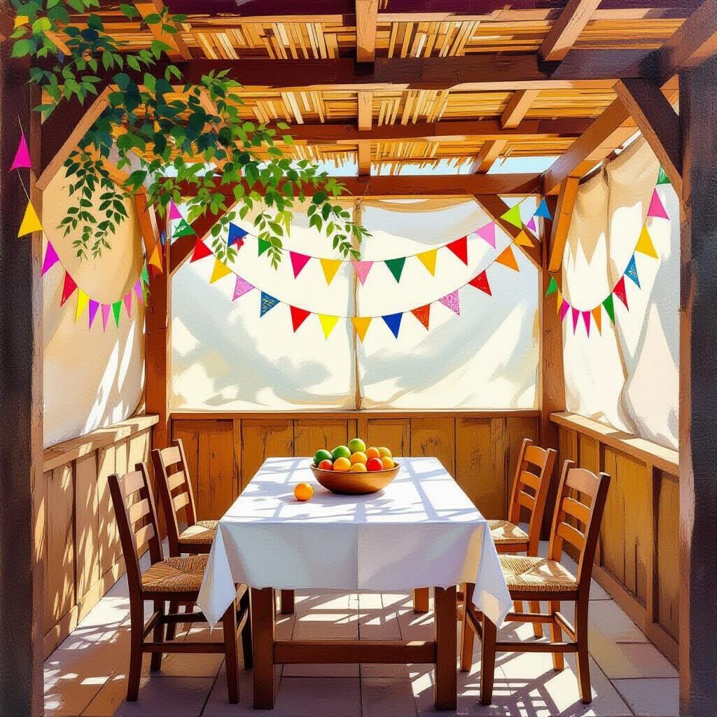 Cozy Jewish Sukkah on Sukkot in Golden Hour Light