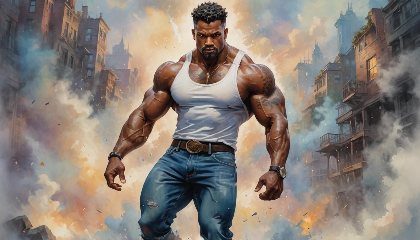 Muscular Bodybuilder Flexing in Watercolor Portrait
