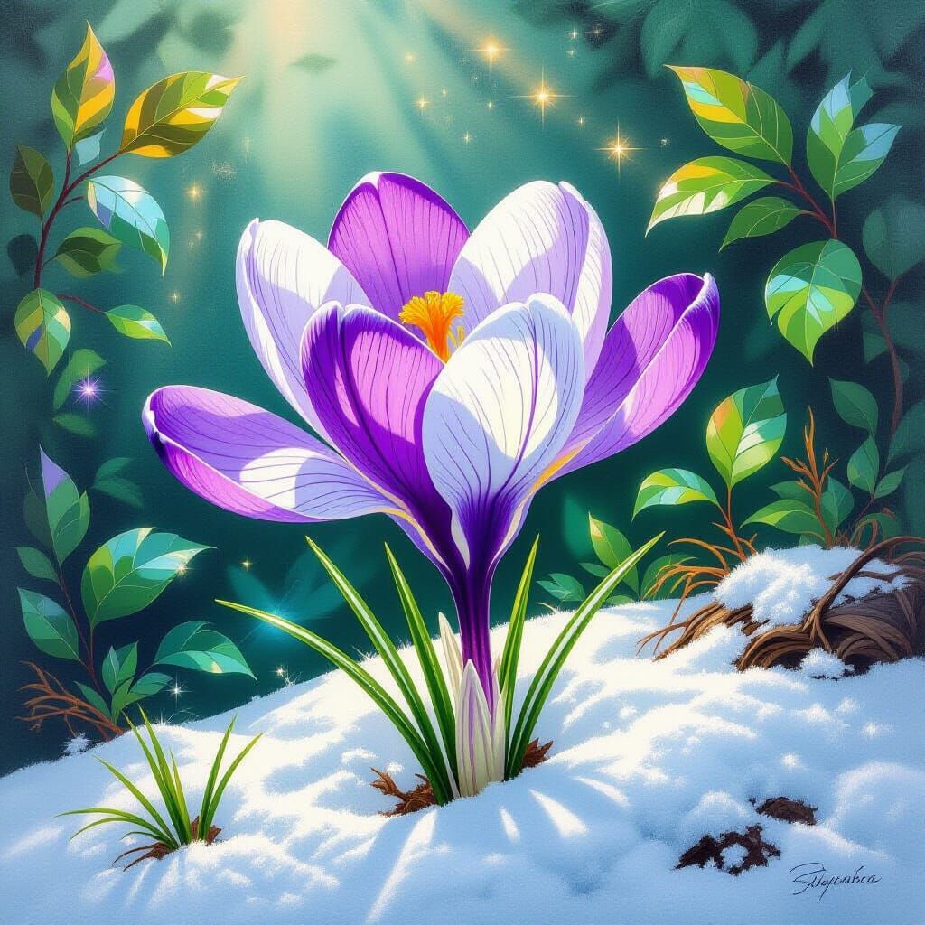 Magenta Crocus Flower Pencil Drawing in Baroque Style