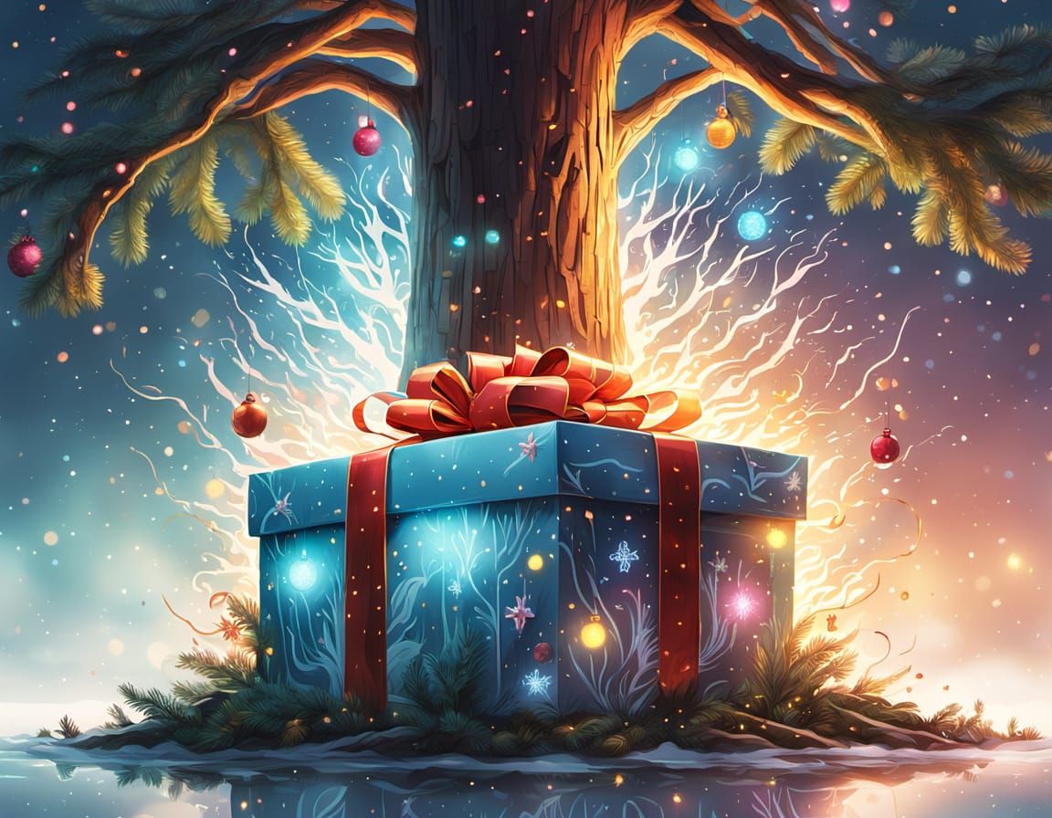 Giant Christmas Gift Box Beside Tree with Ethereal Lights