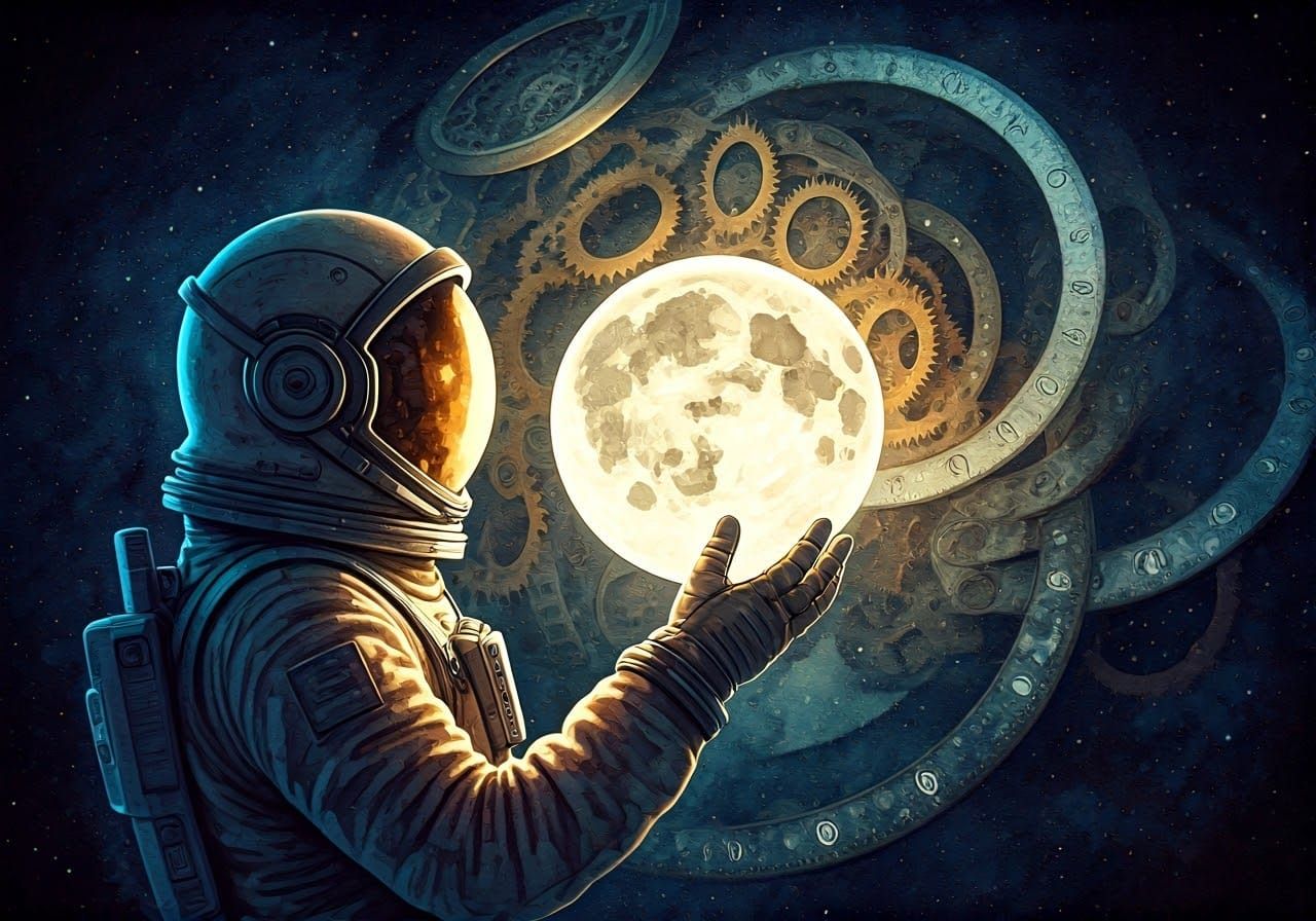 Astronaut with Clockwork Moon in Watercolor Style