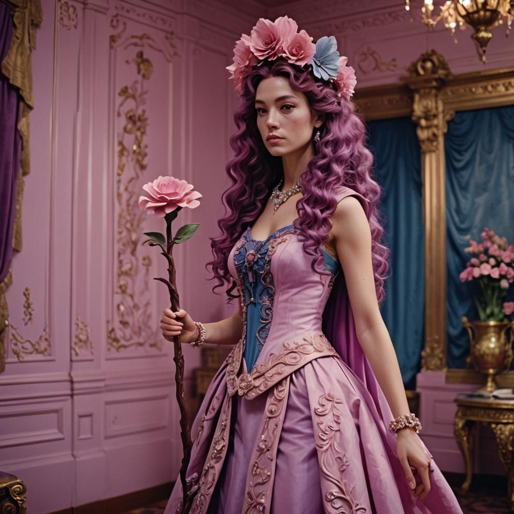 Maiden with Flower Staff in Royal Room: Cinematic Still
