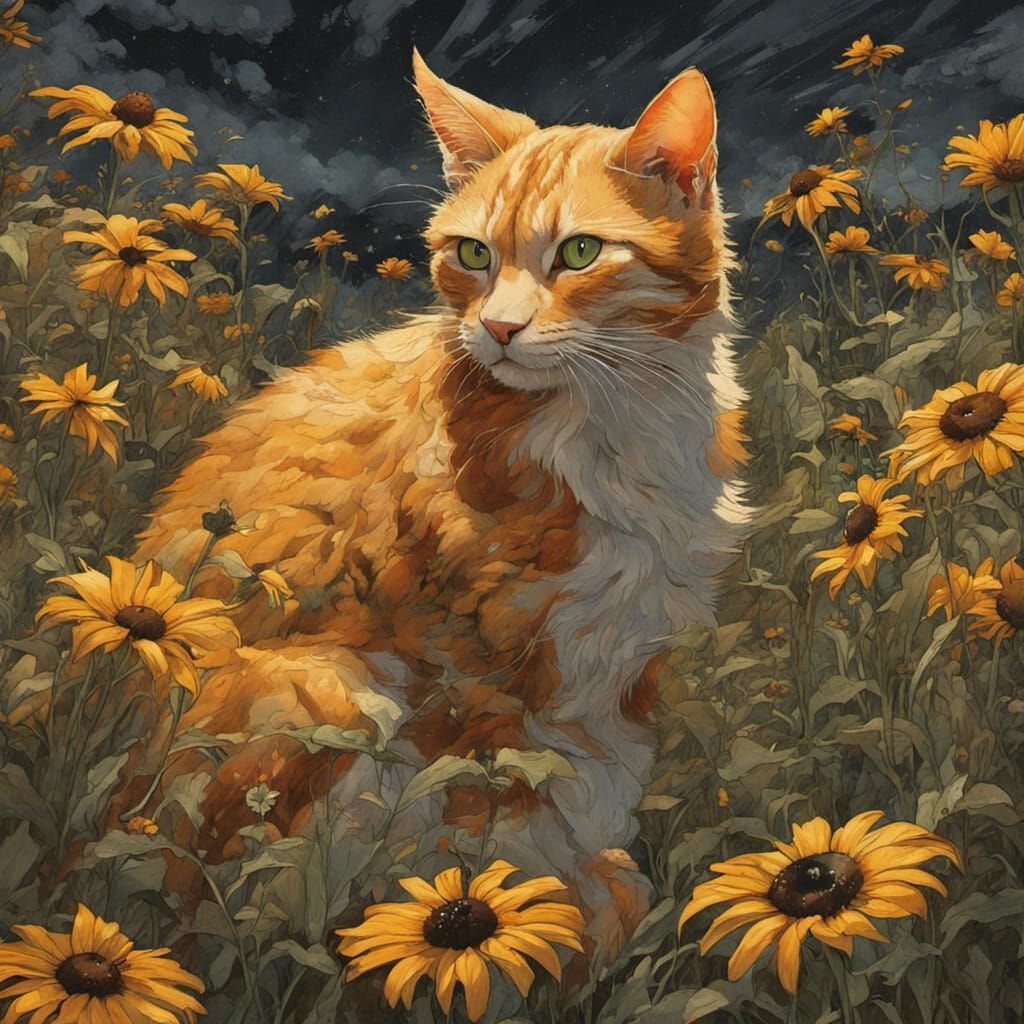Orange Tabby Cat in Black-Eyed Susan Field