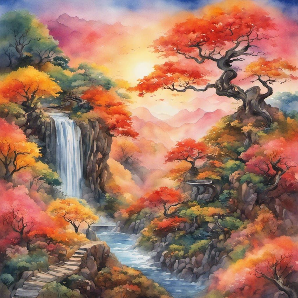 Lush Autumn Paradise Sunset in Watercolor Style