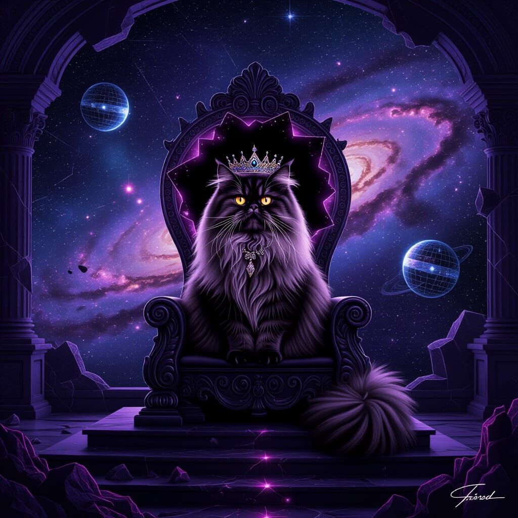 Cosmic Cat King on Black Hole Throne