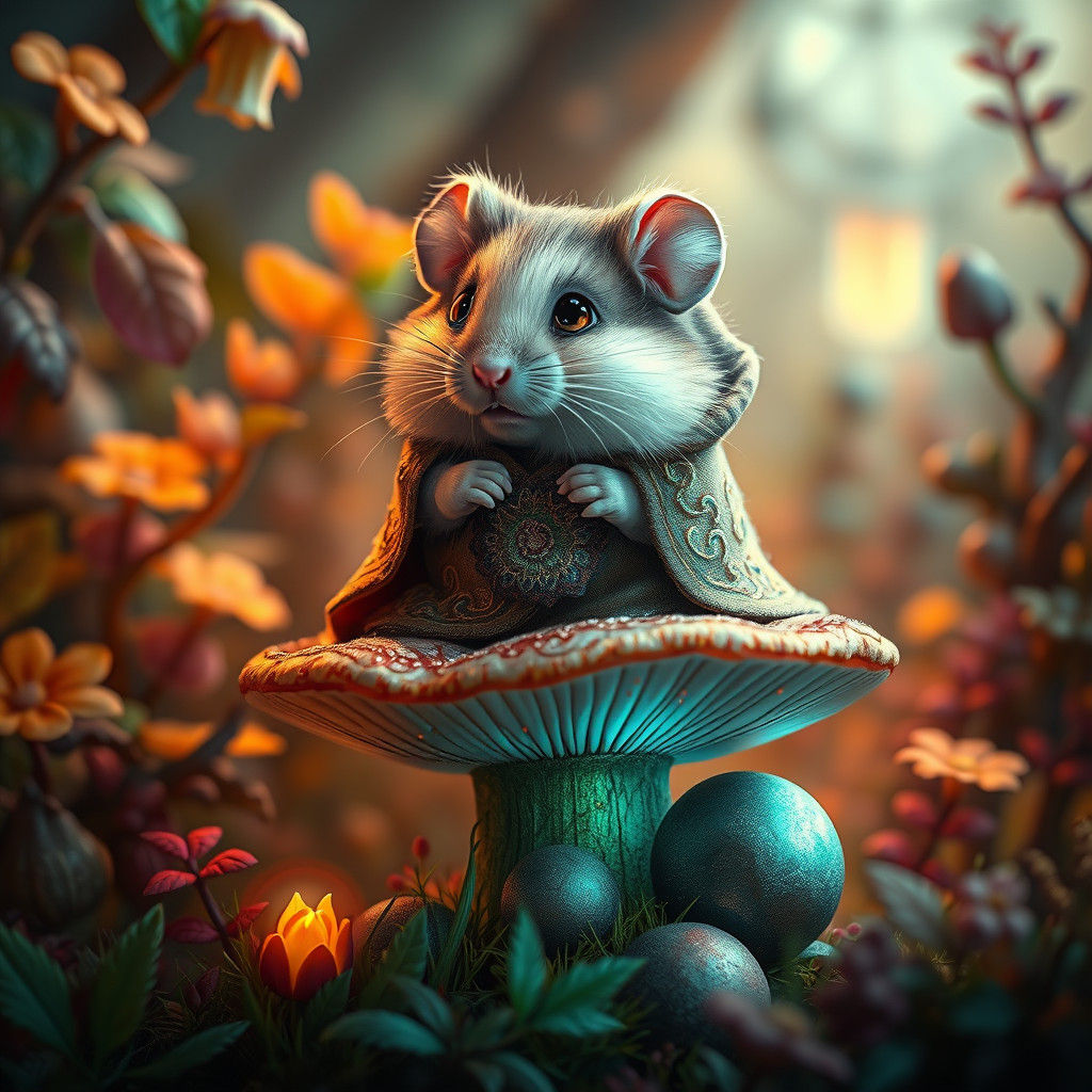 Hamster in Embroidered Cloak on Mushroom, Fantasy Art