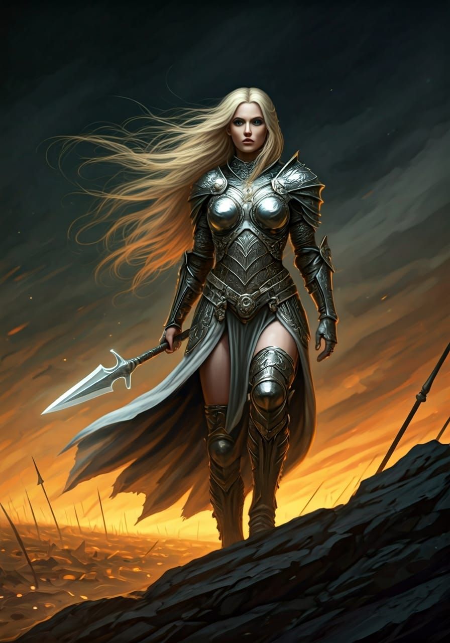 Valkyrie Warrior Overlooking Battlefield in Fantasy Art Styl...