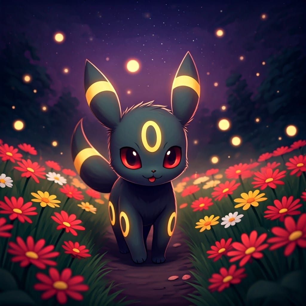 Cinematic Chibi Umbreon Strolls Under Starry Night