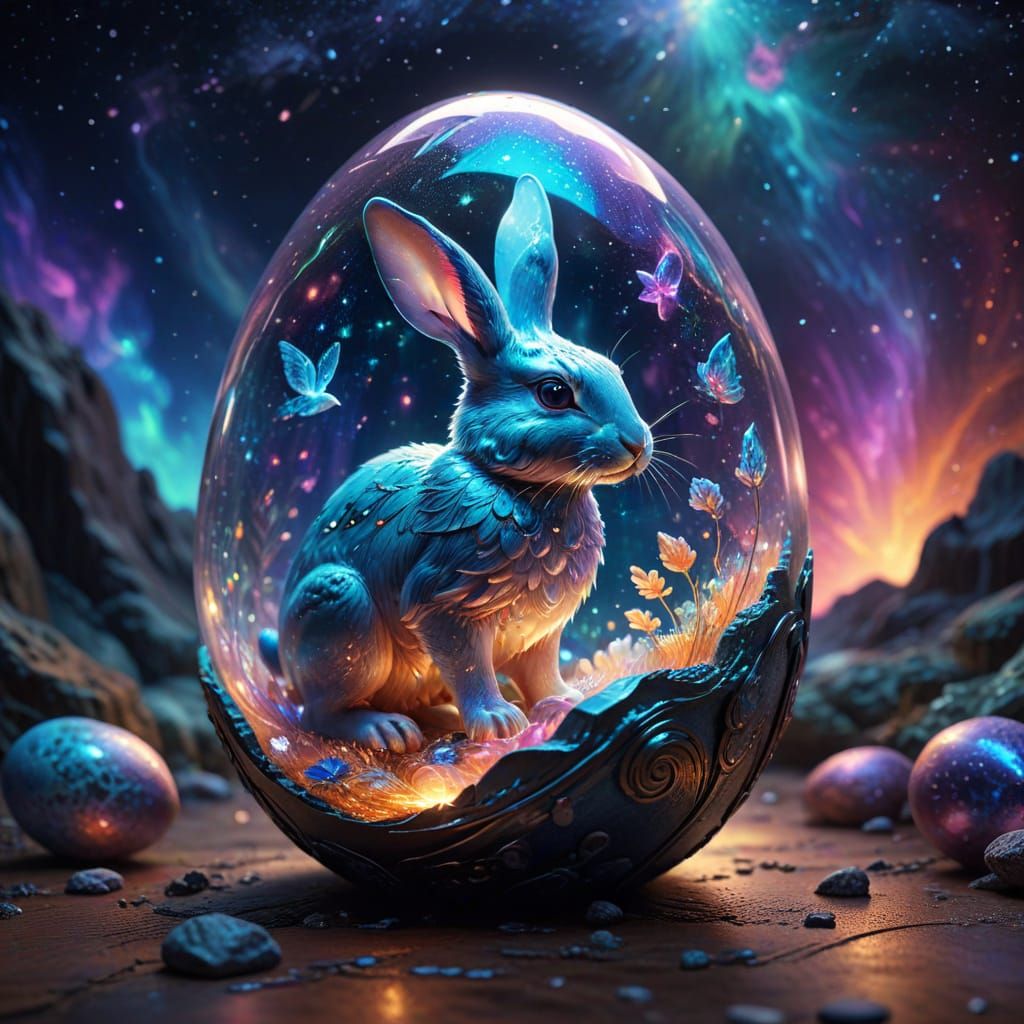 Ethereal Holographic Egg with Radiant Rabbit in Cosmic Reali...