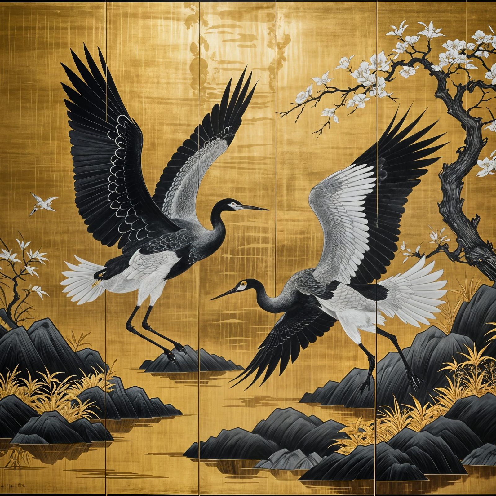 Japanese Screen with Cranes in Ukiyo-e Style