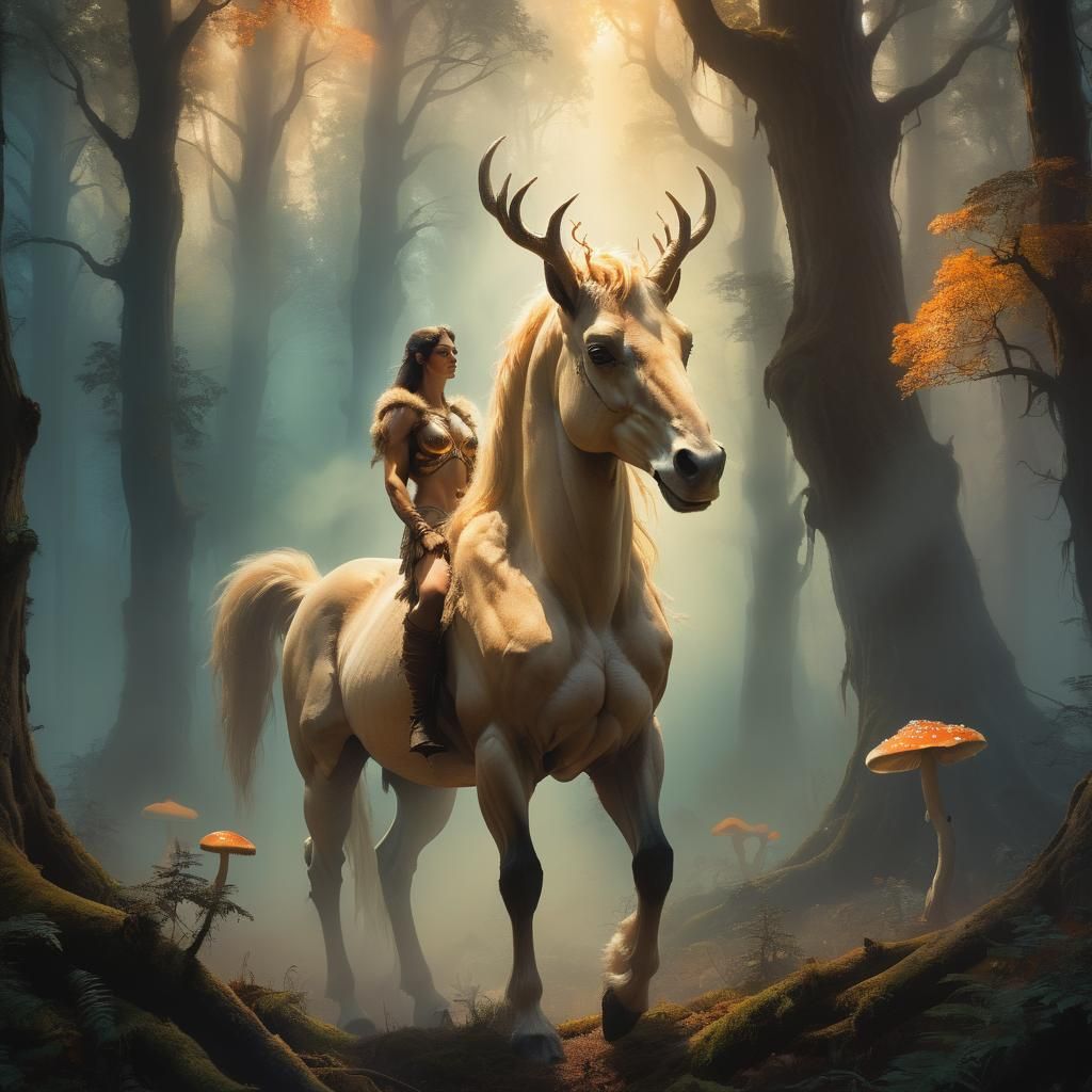 Mystical Centaur in Forest, Fantasy Illustration