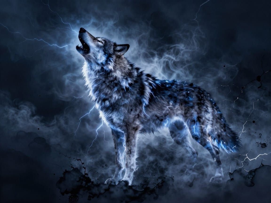 A howling wolf formed from streaks of electric blue lightning,