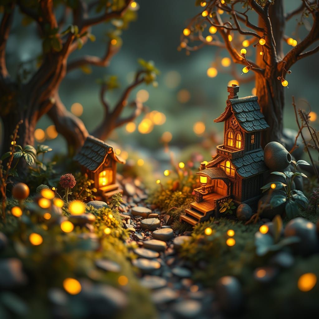 Ethereal Miniature Realm Illuminated by Golden Light