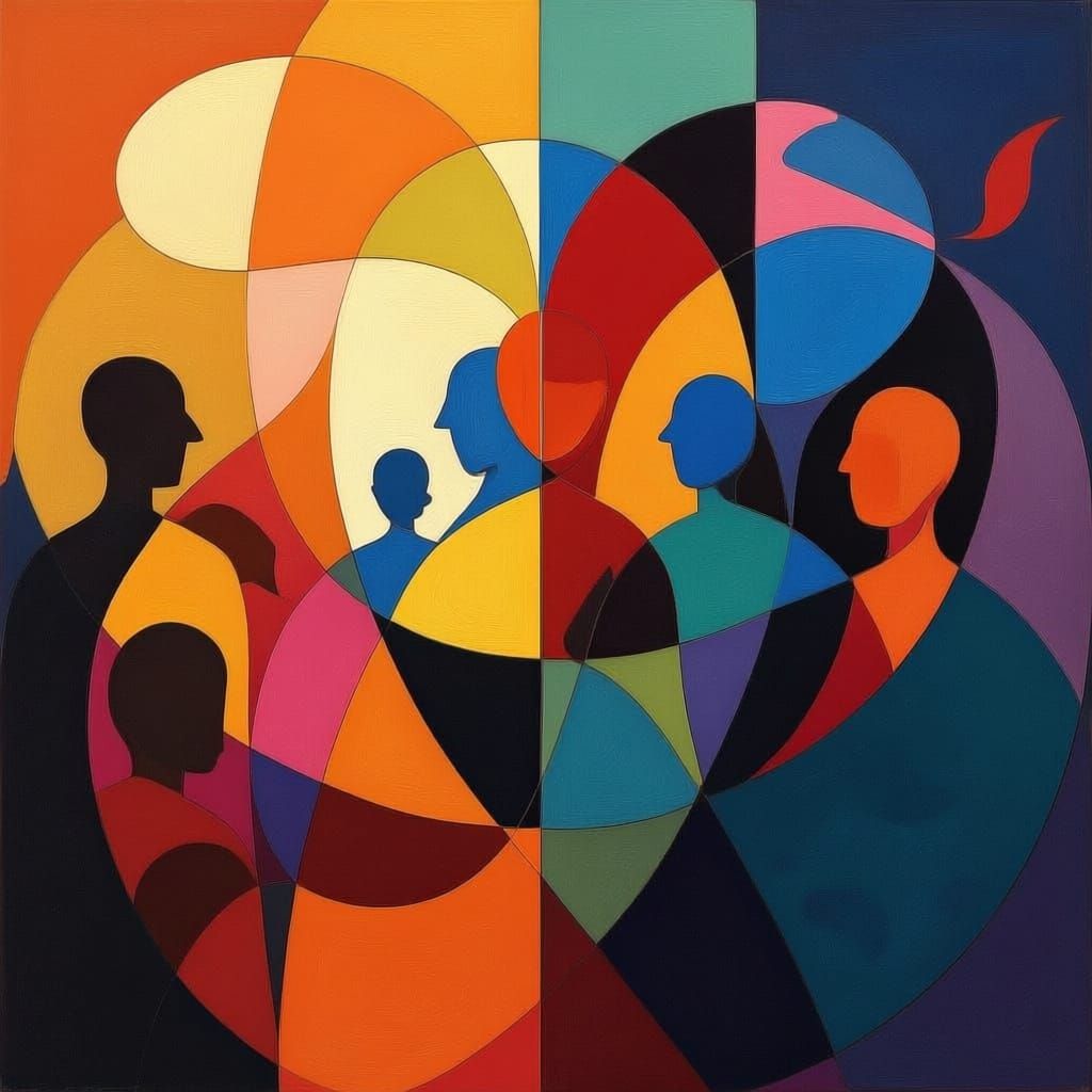 Abstract Painting with Warm/Cool Hues and Torso Forms