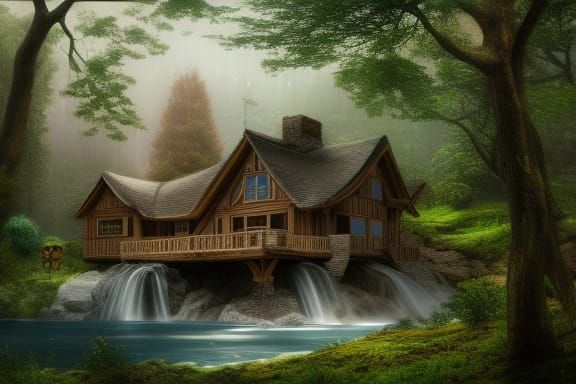 Woodland Mansion by Waterfall: Matte Painting Style